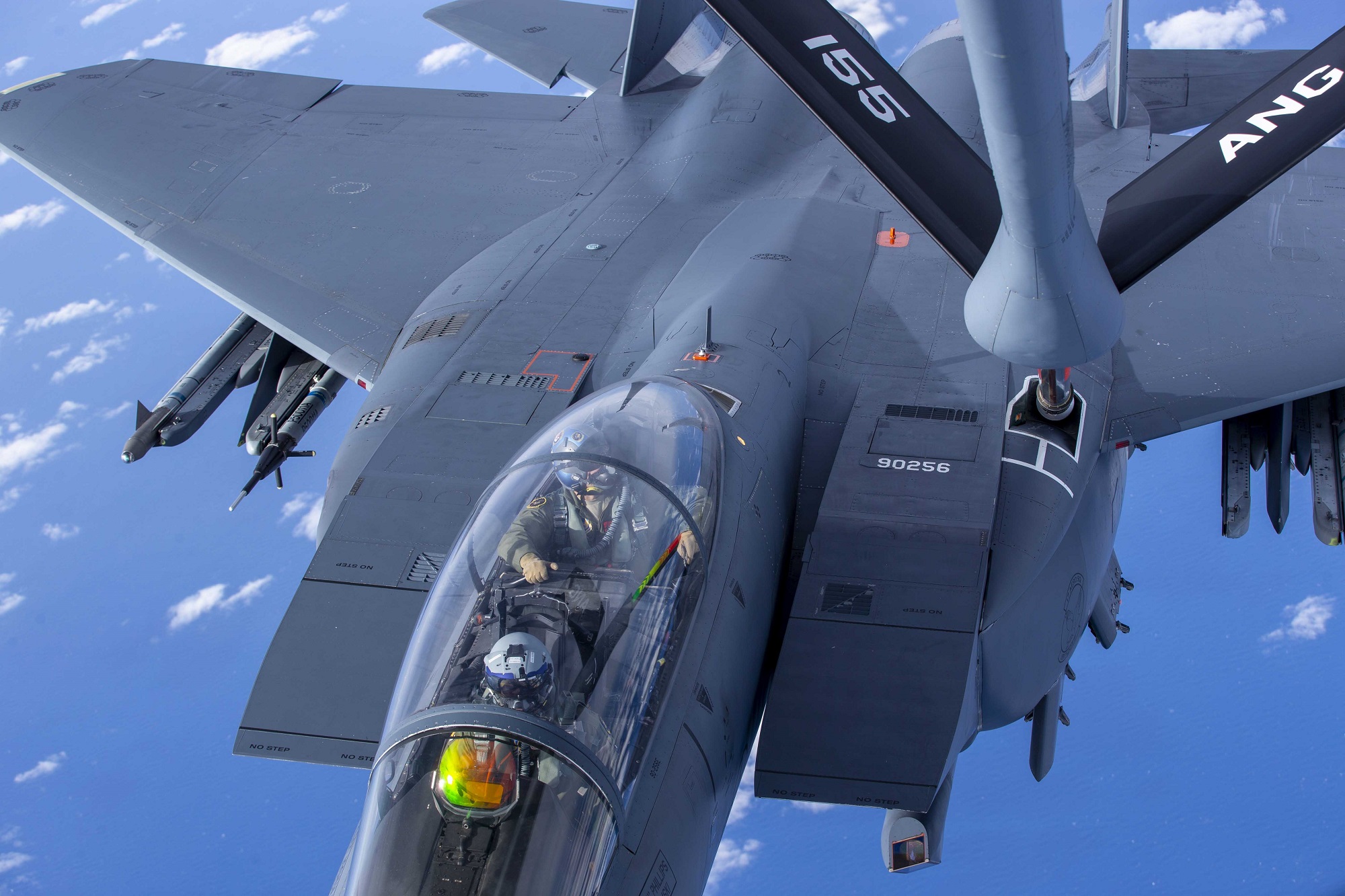 An Air Force F-15E Strike Eagle prepares to receive from a KC-135 Stratotanker during Emerald Flag over the Gulf of Mexico, Dec. 3, 2020.