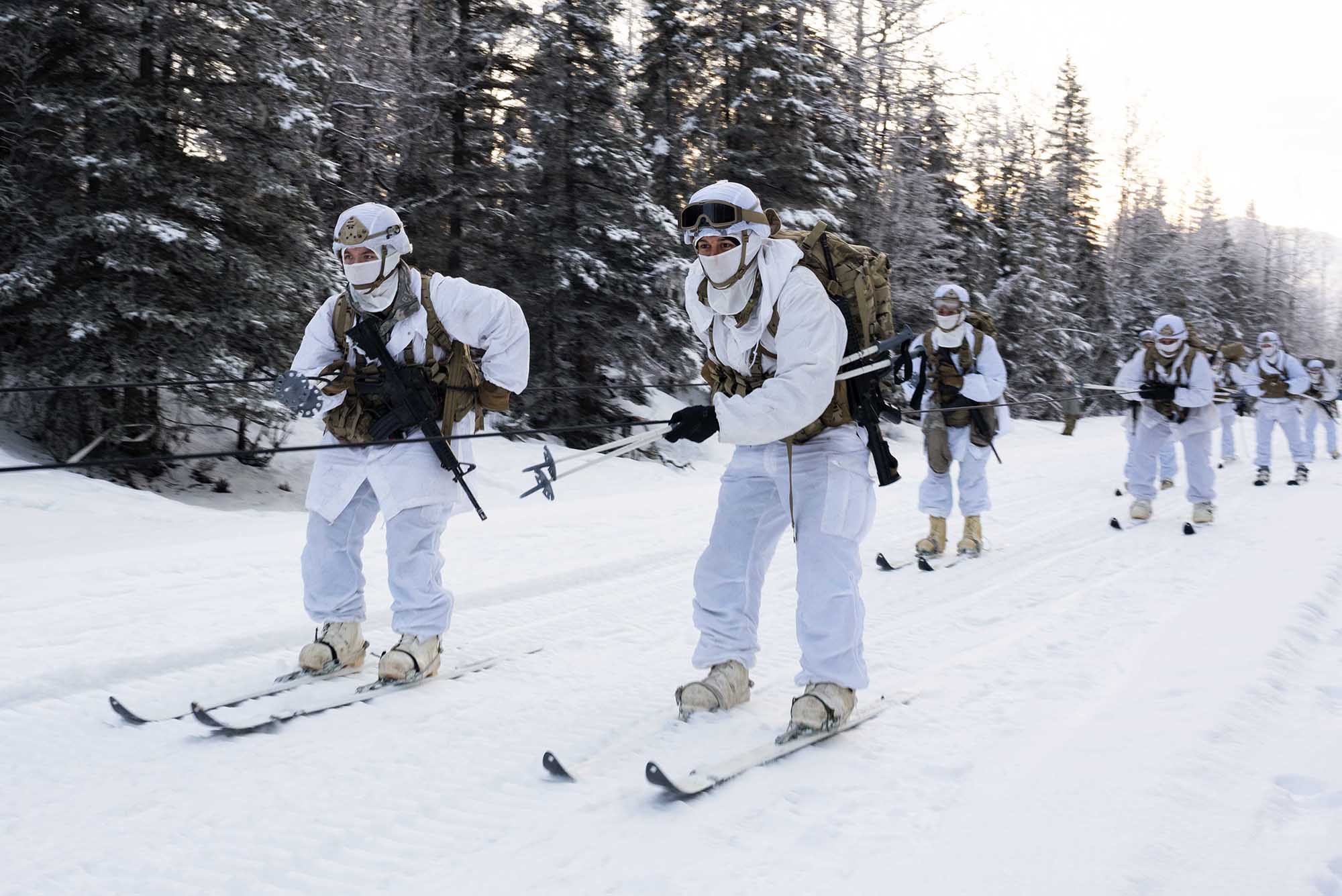 Army paratroopers assigned to Headquarters and Headquarters Company, 1st Battalion, 501st Parachute Infantry Regiment, 4th Infantry Brigade Combat Team (Airborne), 25th Infantry Division, U.S. Army Alaska, hold onto a rope secured to the back of Small Unit Sustainment Vehicle during a skijoring exercise at Joint Base Elmendorf-Richardson, Alaska, Jan. 27, 2021.