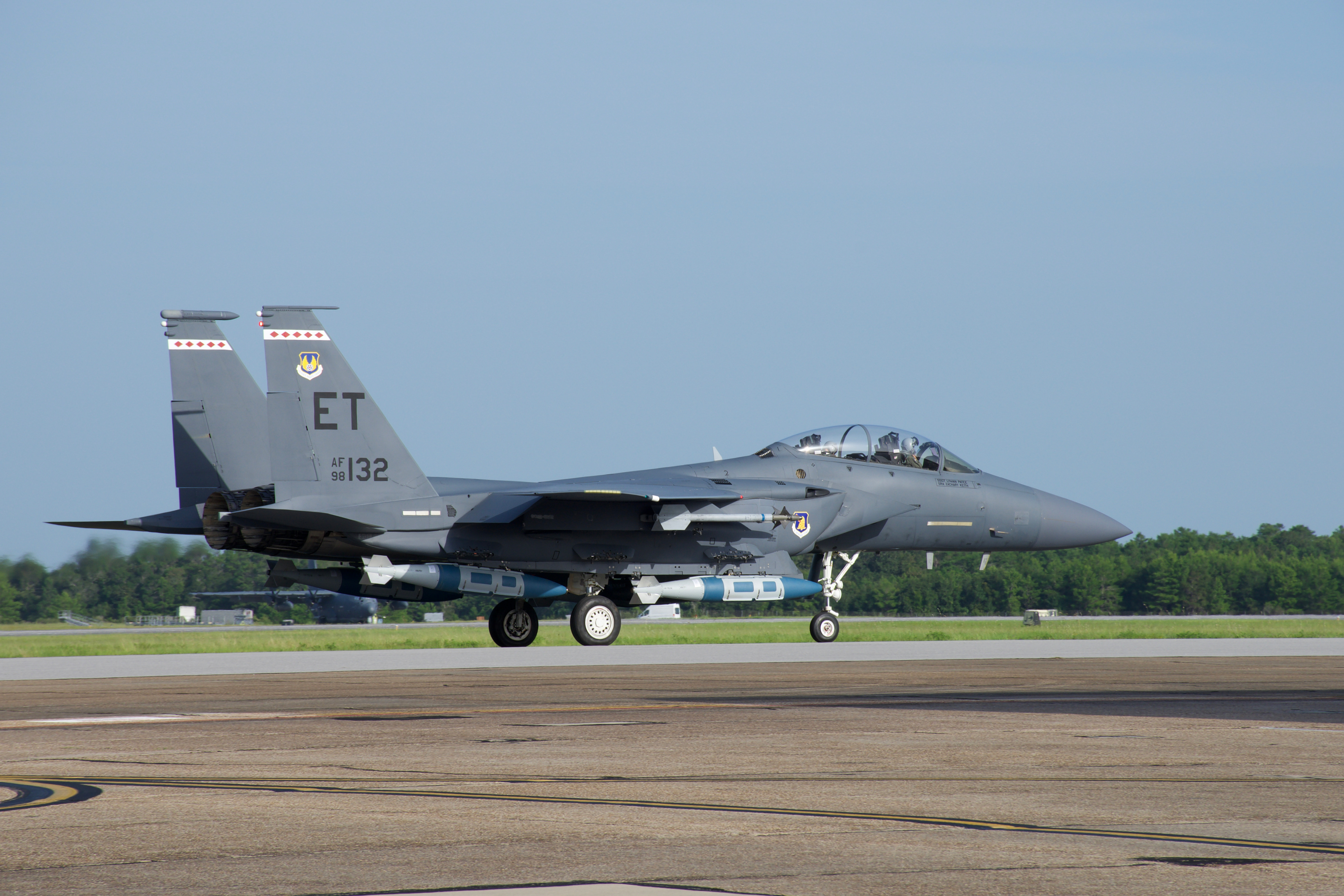 The 85th Test and Evaluation Squadron partnered with the Air Force Research Laboratory to equip the F-15E Strike Eagle with modified 2,000-pound GBU-31 Joint Direct Attack Munitions that can hit warships at sea. Three F-15Es participated in the "Quicksink" testing on Aug. 26, 2021. (1st Lt. Lindsey Heflin/Air Force)