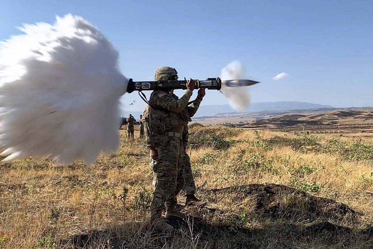 Sgt. Brendan Seiber fires an AT4 anti-tank weapon at a range located in the Vaziani Training Area near Tbilisi, Georgia, during Exercise Agile Spirit, July 30, 2019.