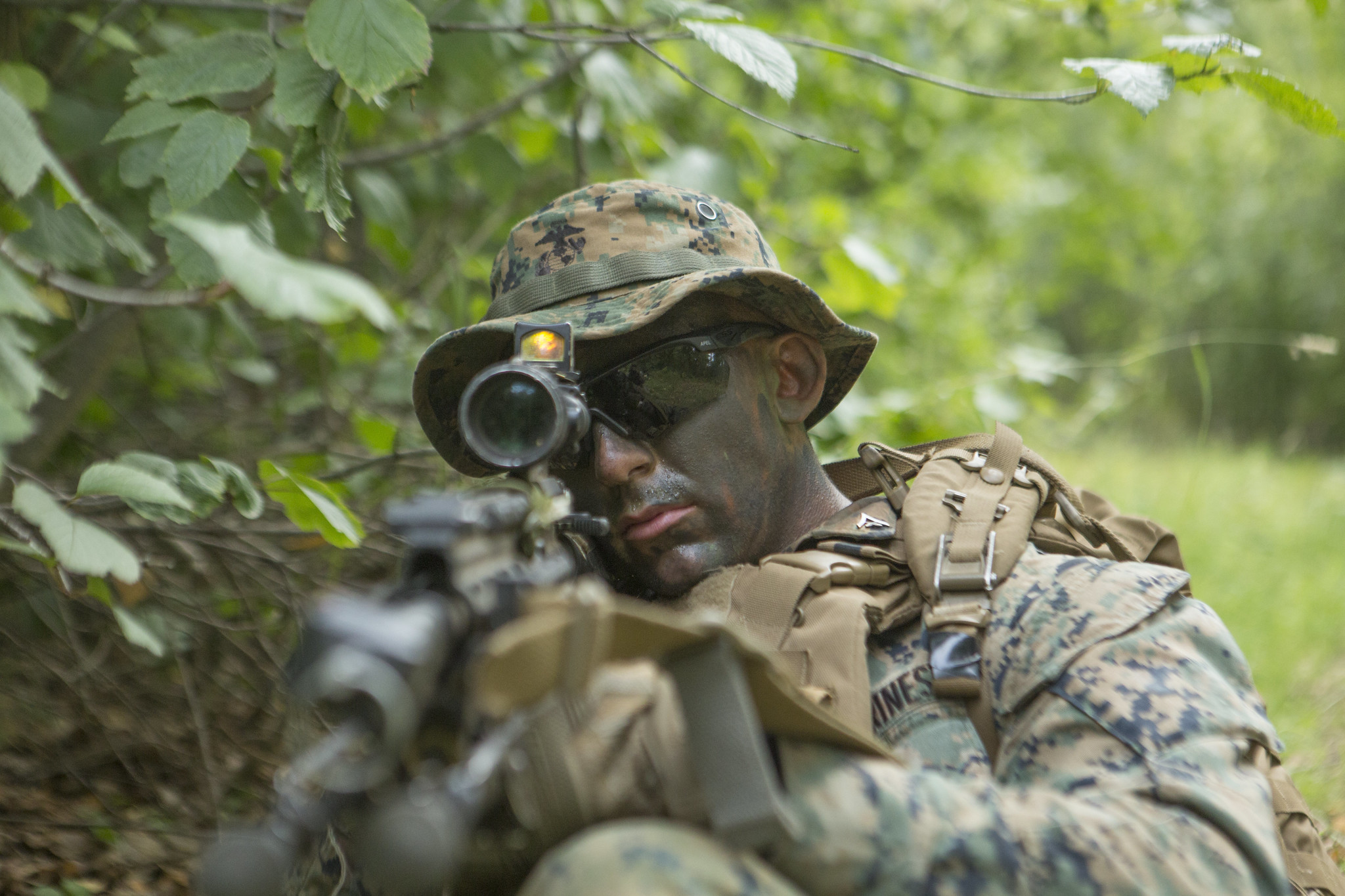 Lance Cpl. Dylan Beads posts security for his squad during the 4th Marine Division Super Squad Competition on Aug. 13, 2019, at Joint Base Elmendorf-Richardson.