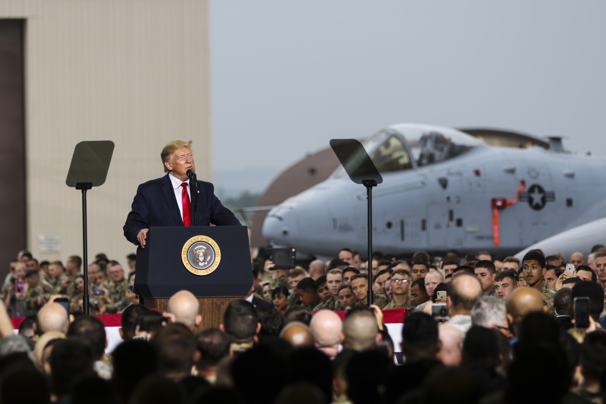 President Donald Trump speaks to soldiers, sailors, airmen and Marines during a June 30, 2019, visit to Osan Air Base, South Korea.