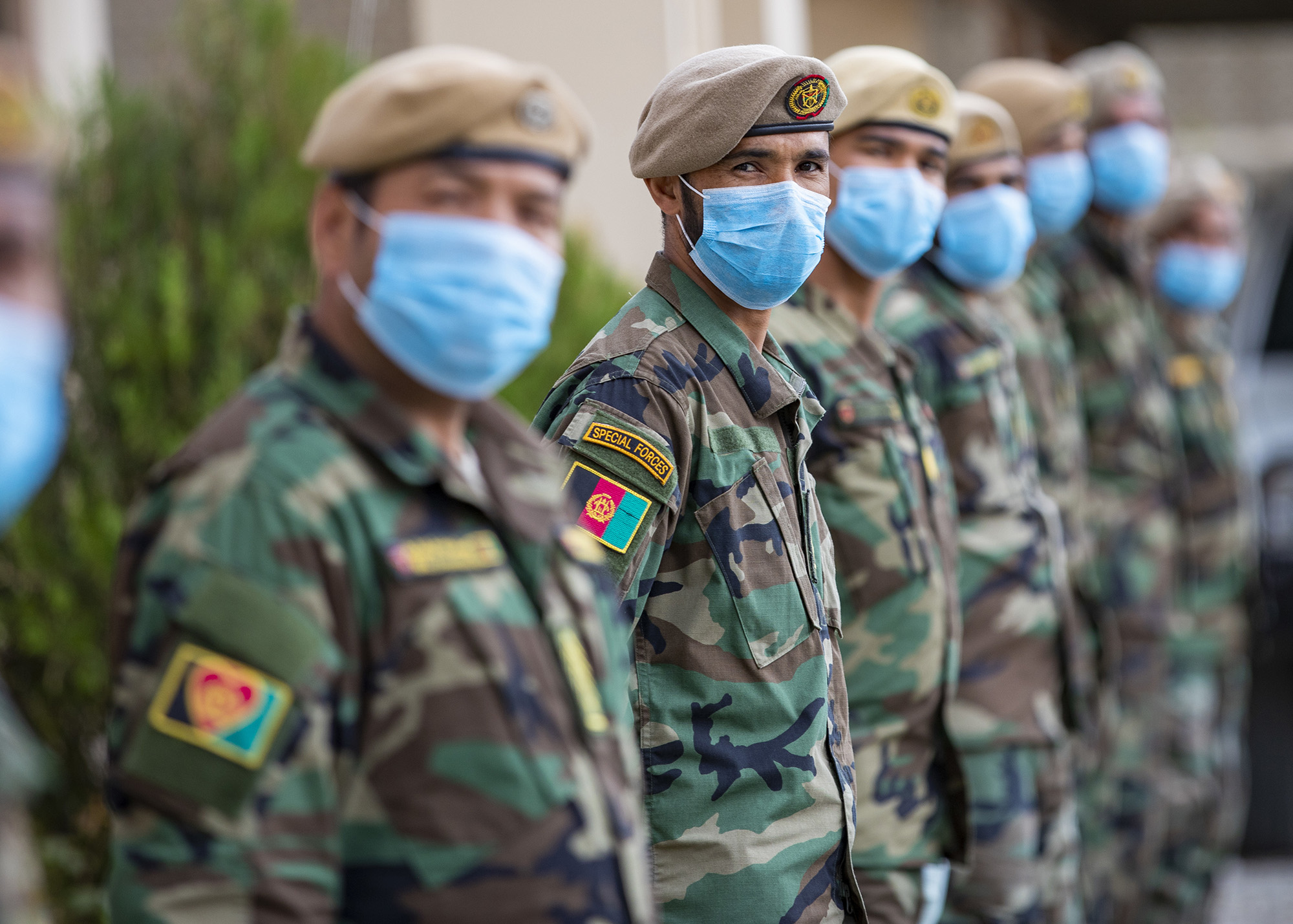 Afghan National Army commandos stand in formation waiting to be greeted by Afghan Minister of Defense Asadullah Khalid and Resolute Support Commander Gen. Scott Miller in Kabul, Afghanistan, April 28, 2020.
