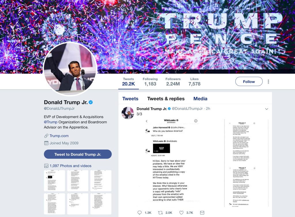 Trump Jr.’s WikiLeaks exchange adds intrigue to Russia probe