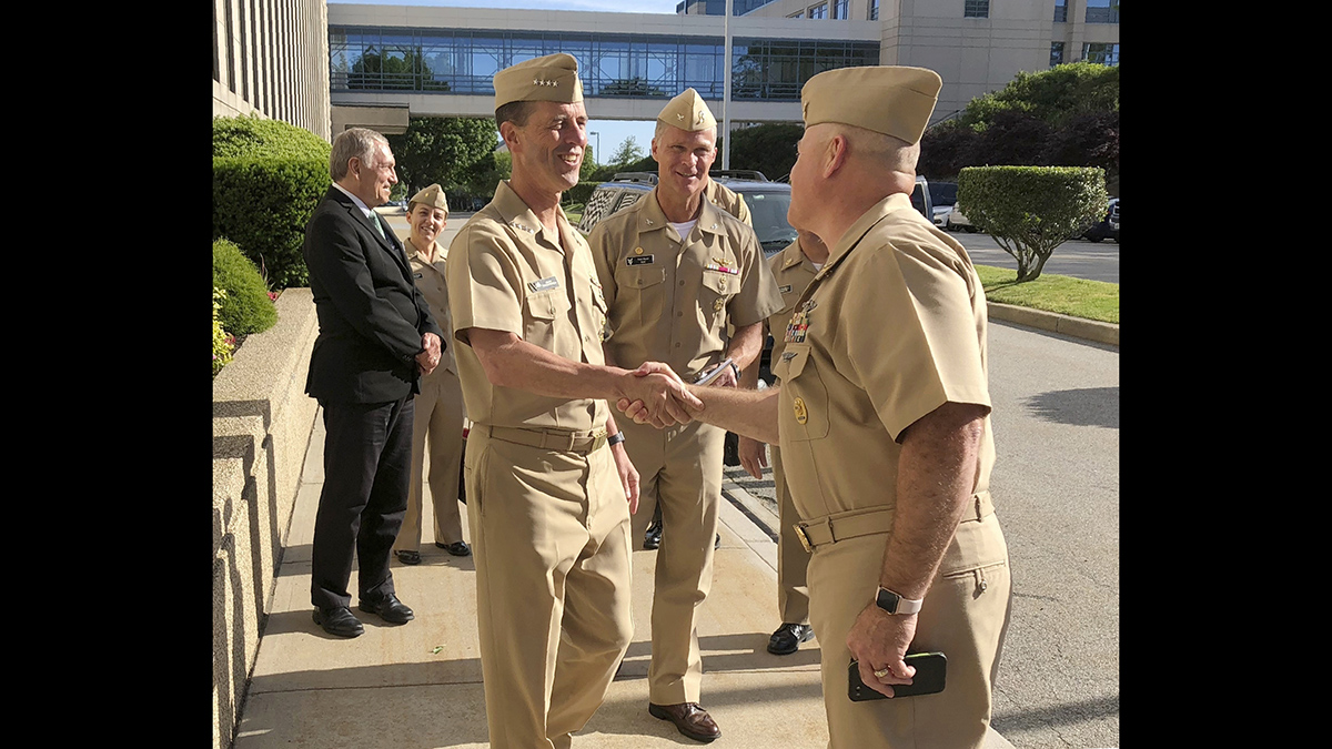 Adm. John Richardson, chief of naval operations, arrives at the U.S. Naval War College in Newport, R.I.