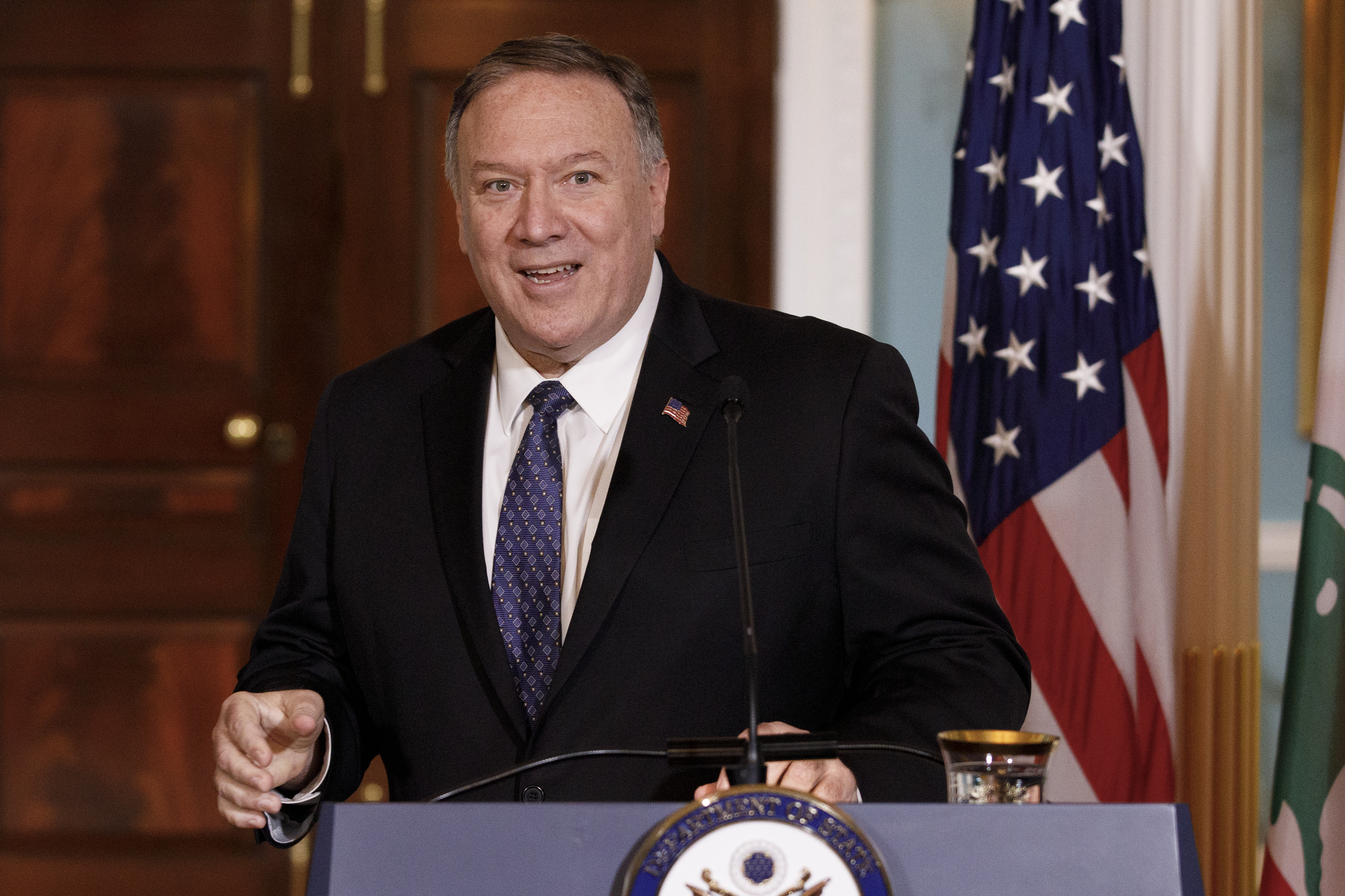 In this Aug. 15, 2019, file photo, Secretary of State Mike Pompeo speaks to media during a news conference with Lebanese Prime Minister Saad Hariri at the State Department in Washington.