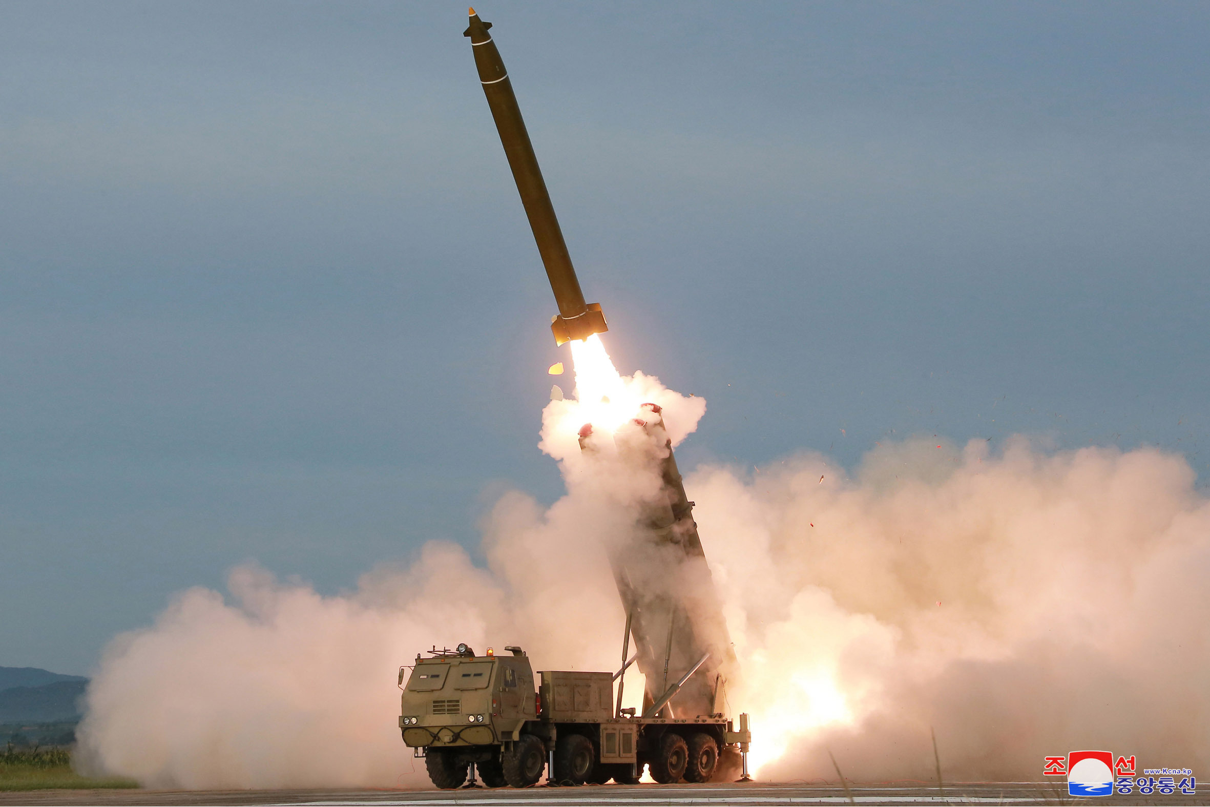 This Aug. 24, 2019, photo provided Aug. 25, by the North Korean government, shows the test firing of an unspecified missile at an undisclosed location in North Korea.