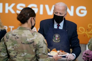 Bidens serve Thanksgiving meal to service members, families at Fort Bragg