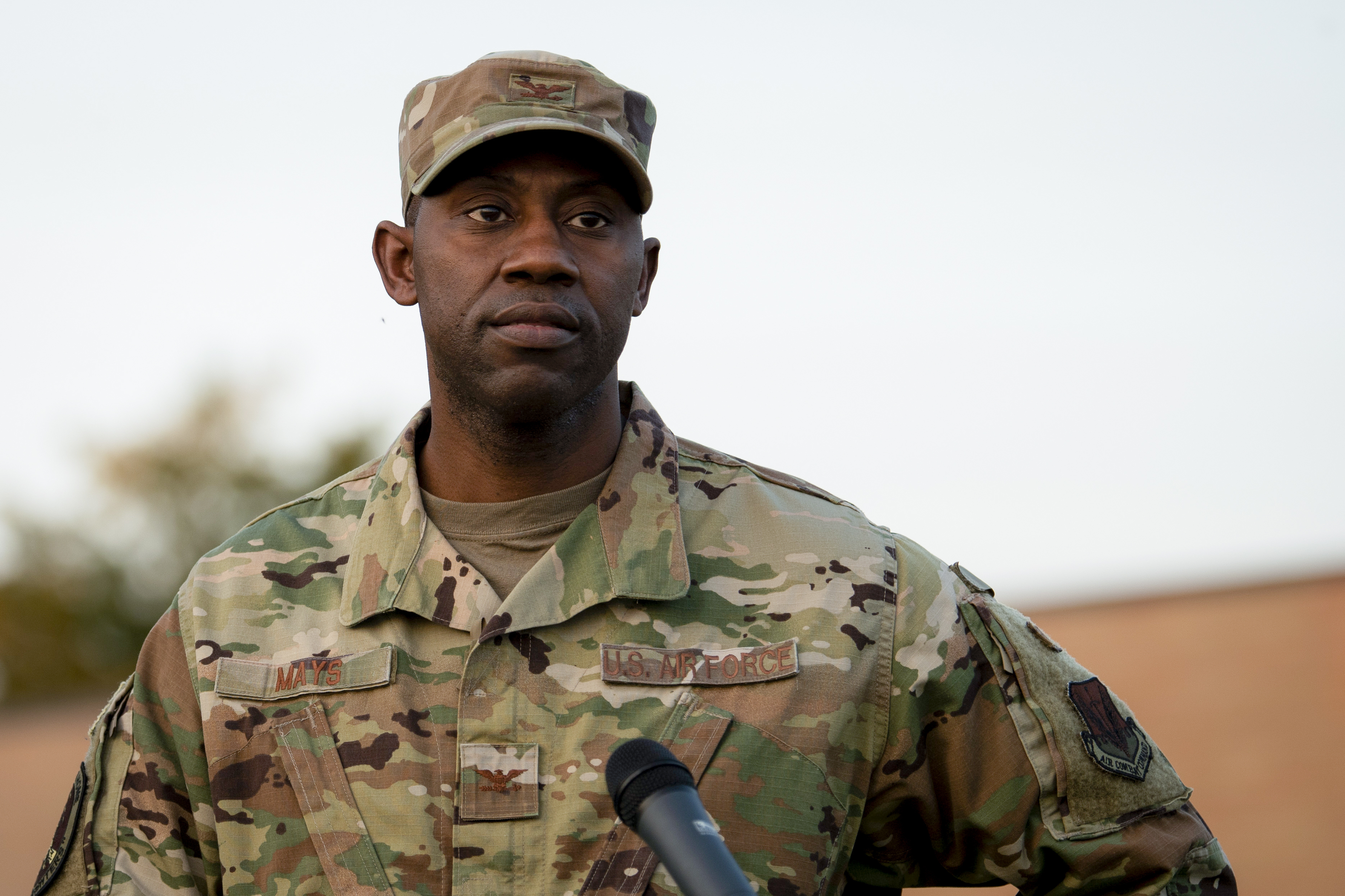 Col. Jamaal Mays, 366th Fighter Wing commander for support, speaks to Airmen, September 30, 2020 at Mountain Home Air Force Base, Idaho.