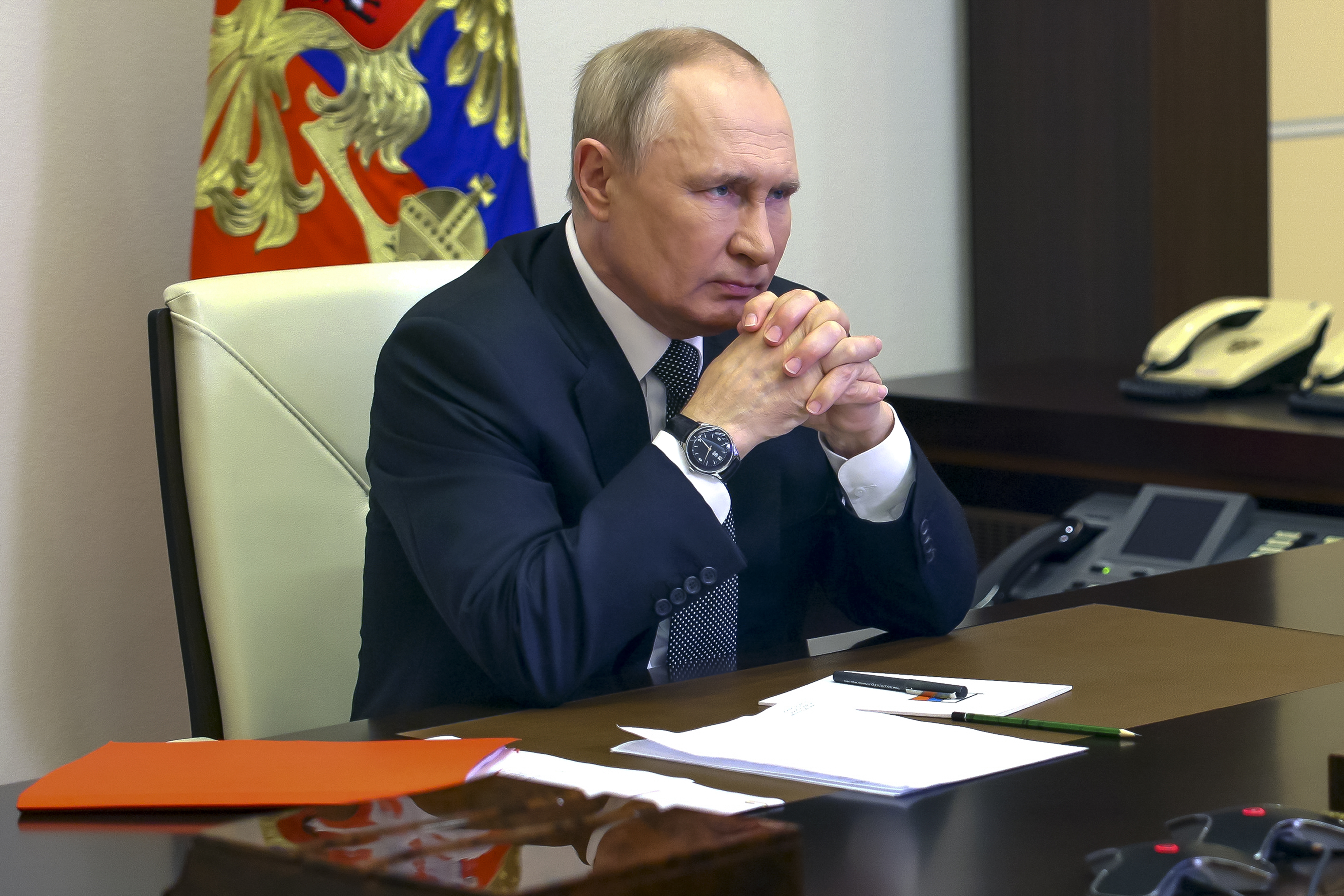 Russian President Vladimir Putin chairs a Security Council meeting via videoconference at the Novo-Ogaryovo residence outside Moscow, Russia, Wednesday, Oct. 19, 2022.