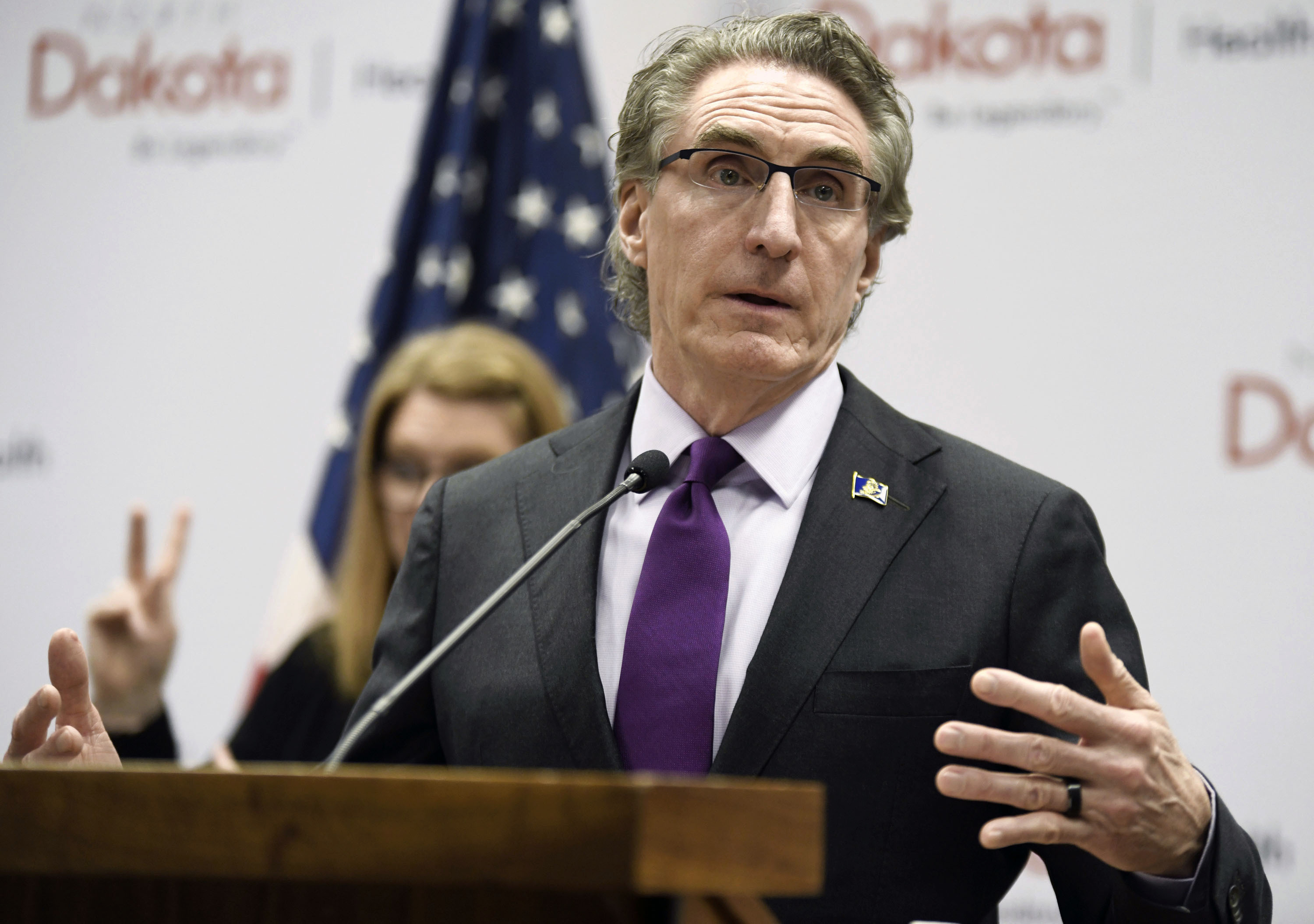 In this April 10, 2020, file photo, North Dakota Gov. Doug Burgum speaks at the state Capitol in Bismarck, N.D.