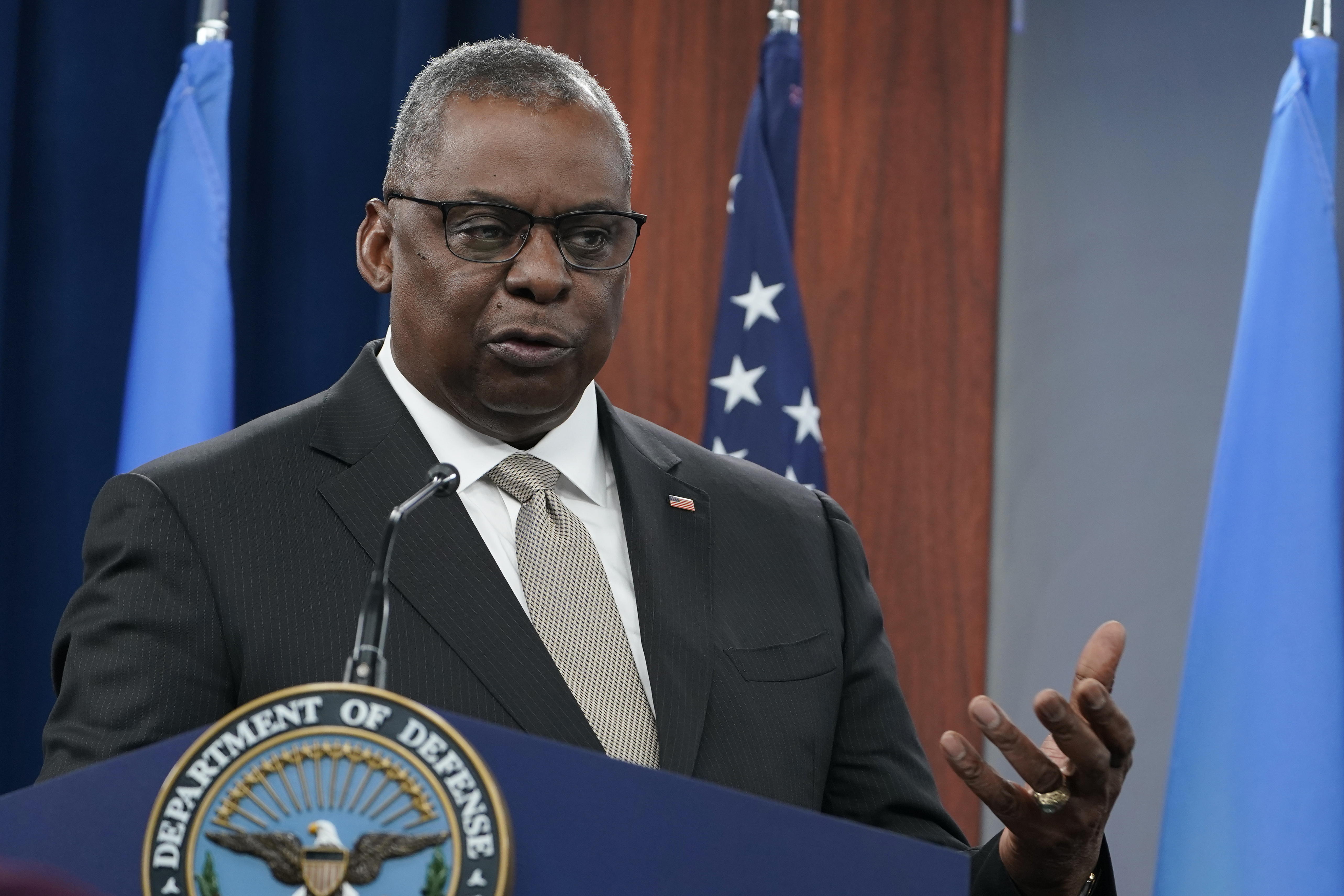 Defense Secretary Lloyd Austin speaks during a briefing at the Pentagon in Washington, Nov. 16, 2022.
