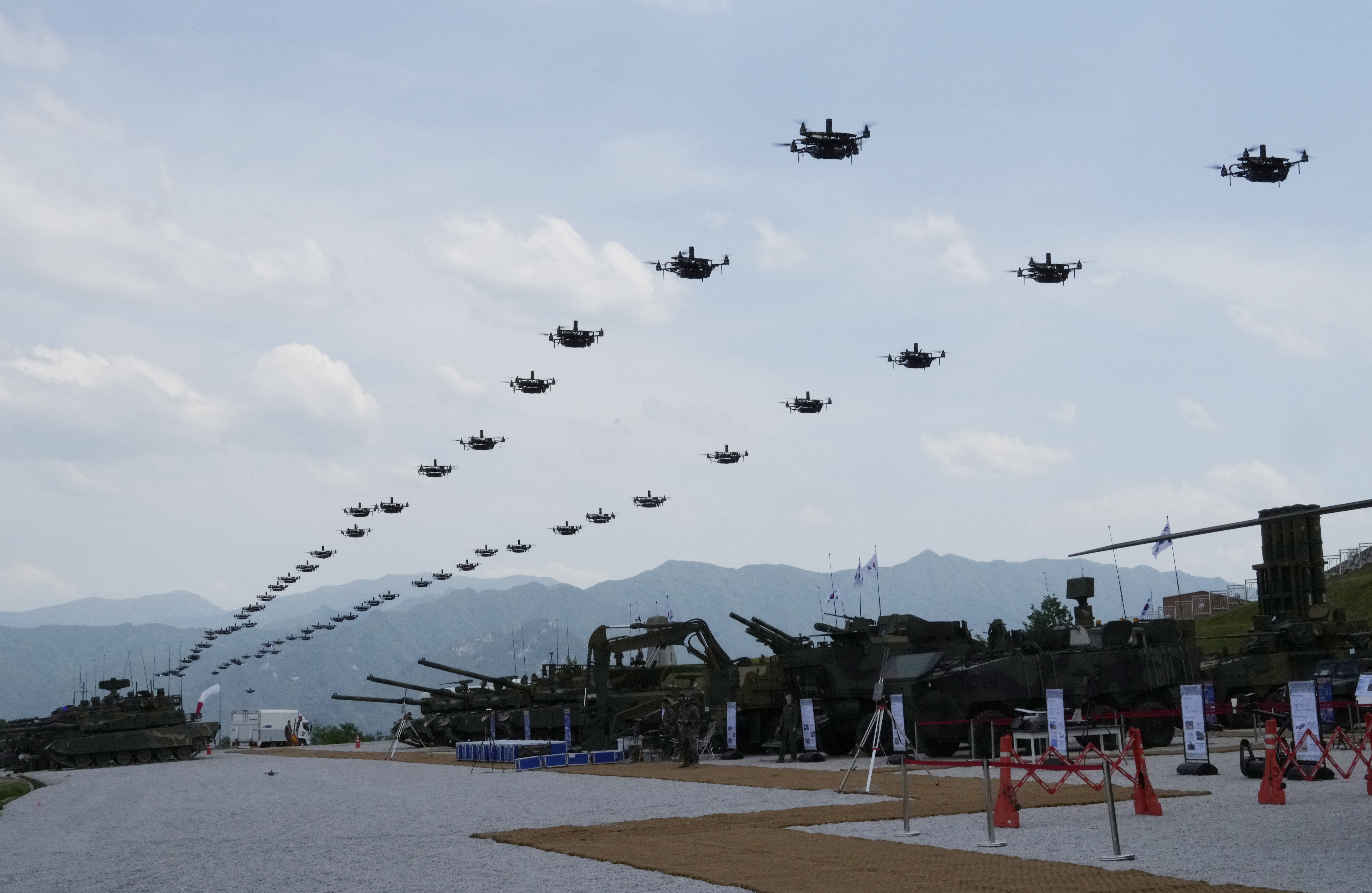 The South Korean army's drones fly during South Korea-U.S. joint military drills at Seungjin Fire Training Field in Pocheon, South Korea, Thursday, May 25, 2023.