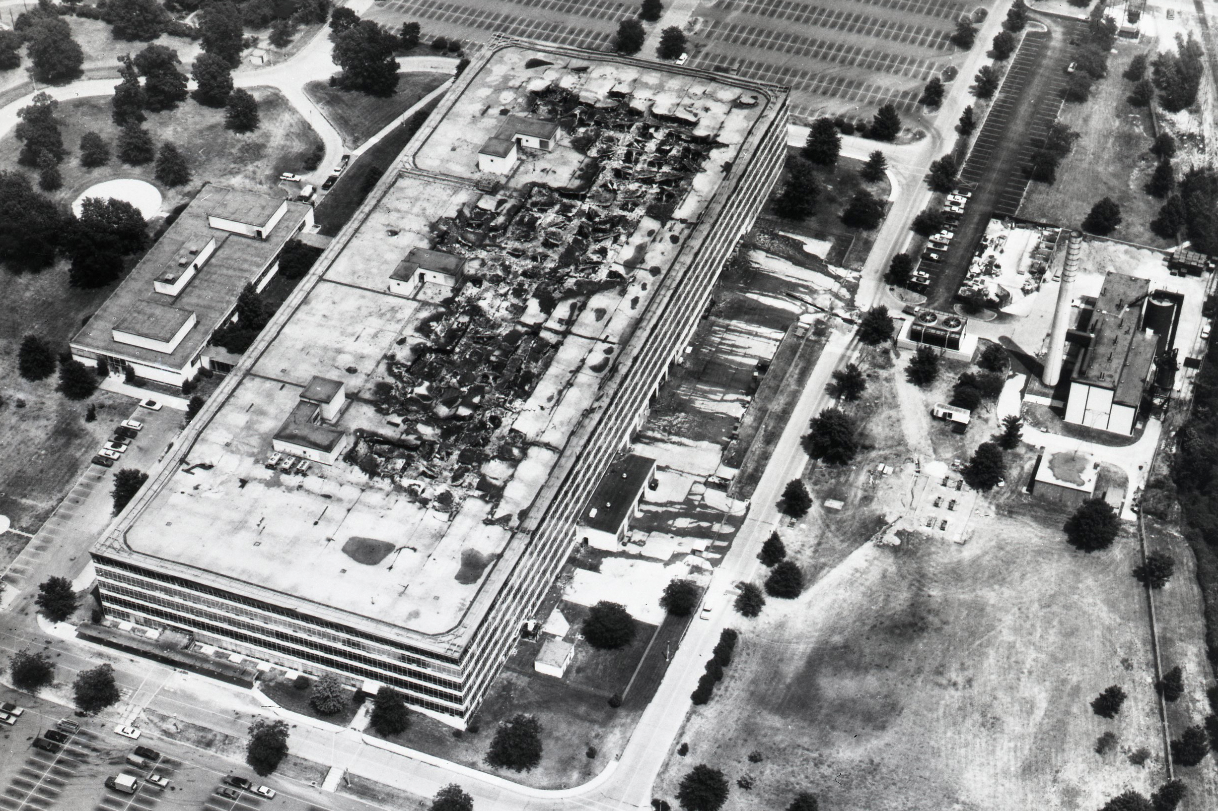 This photo provided by the National Archives and Records Administration shows the damaged sixth floor and roof of the Military Personnel Records Center in Overland, Mo., near St. Louis, after a massive fire that started on July 12, 1973.