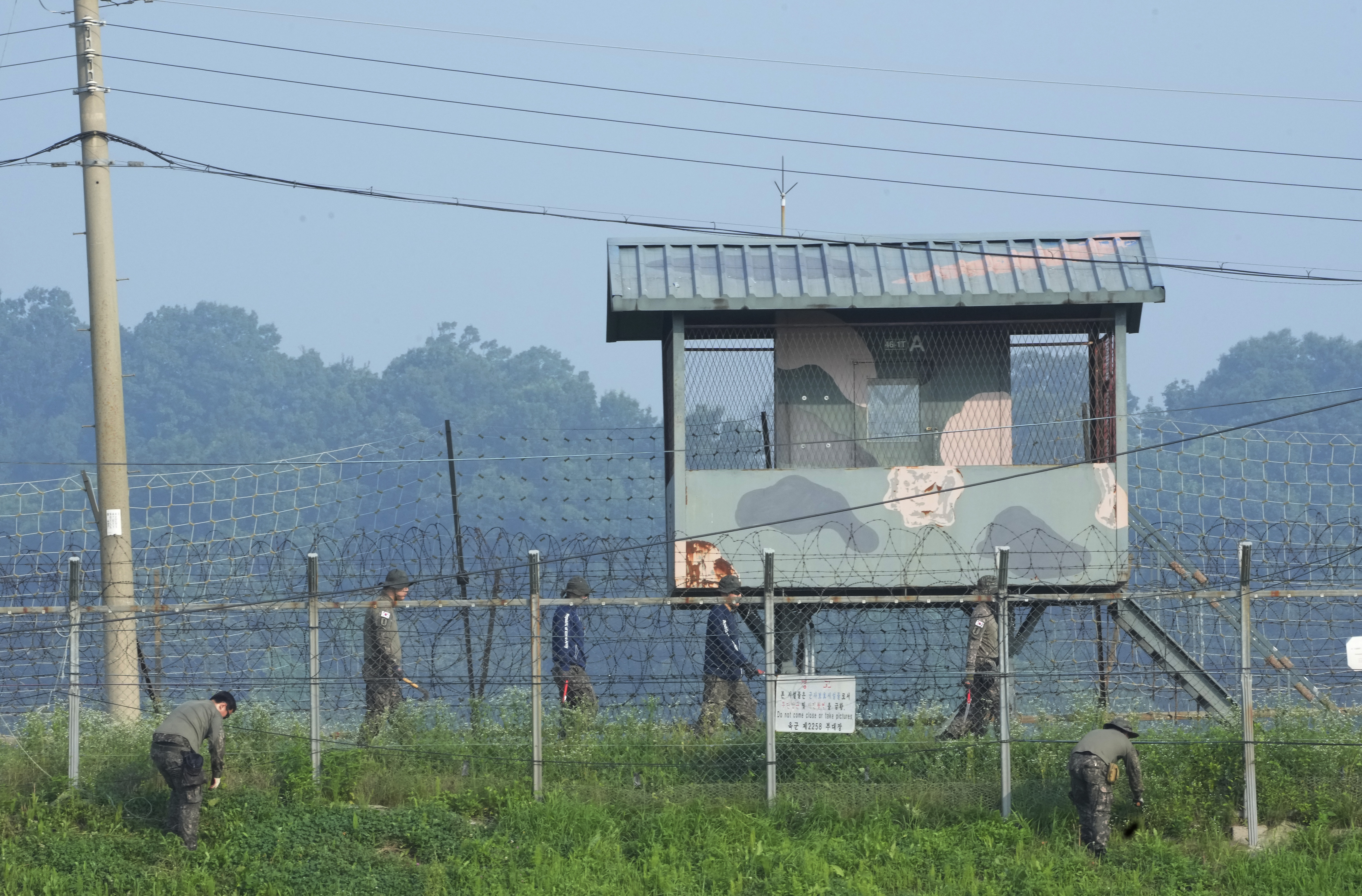 South Korean army soldiers work in font of a military guard post at the Imjingak Pavilion in in Paju, South Korea, near the border with North Korea, Friday, July 21, 2023.