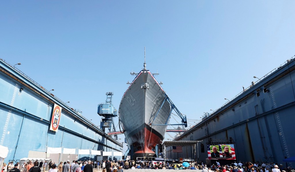 Medal of Honor recipient watches as ship bearing his name is christened