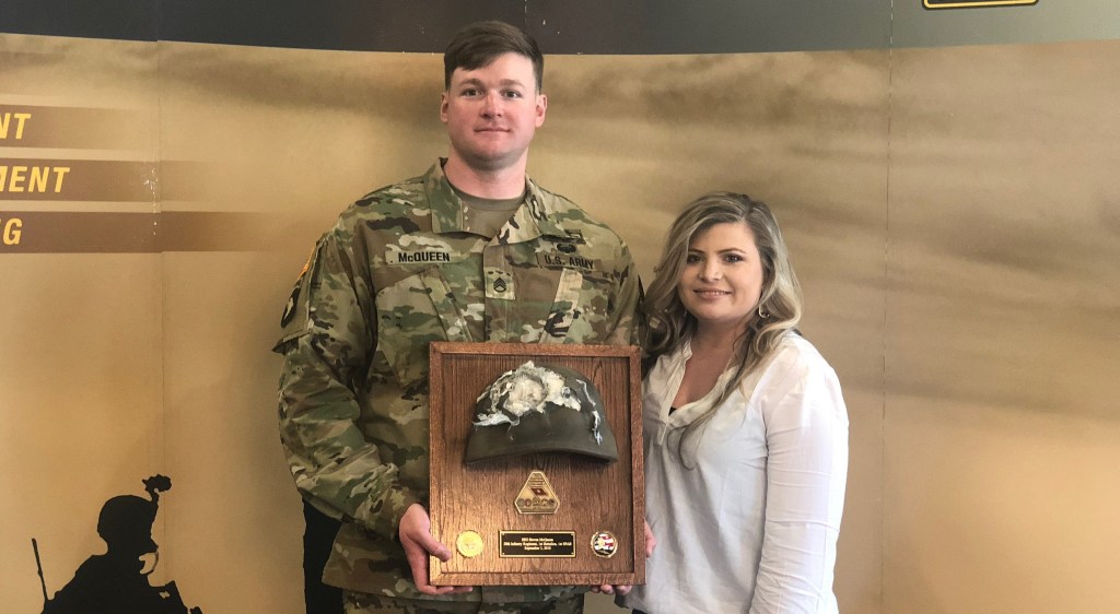 Soldier who took a machine gun round to the head now has his helmet to prove it