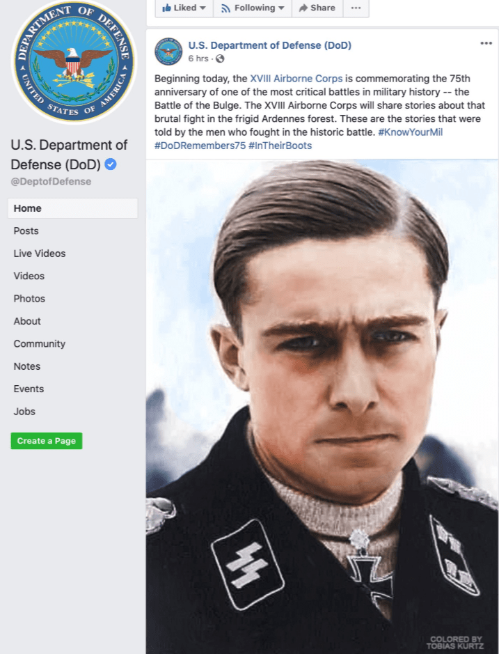 Army and DoD post image of Nazi war criminal to commemorate Battle of the Bulge