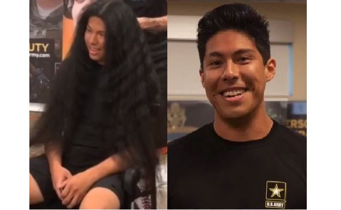 Recruit gets a short haircut for the first time in 15 years to join the Army