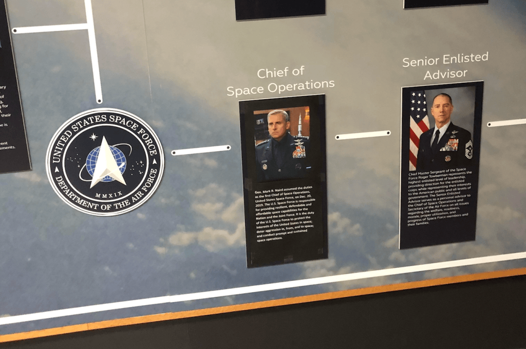 Someone taped Steve Carell’s picture over Space Force’s top officer at the USAF museum