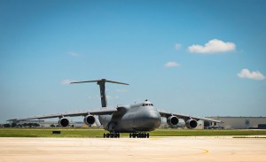 Air Force C-5M Super Galaxy lands on nose after gear malfunction