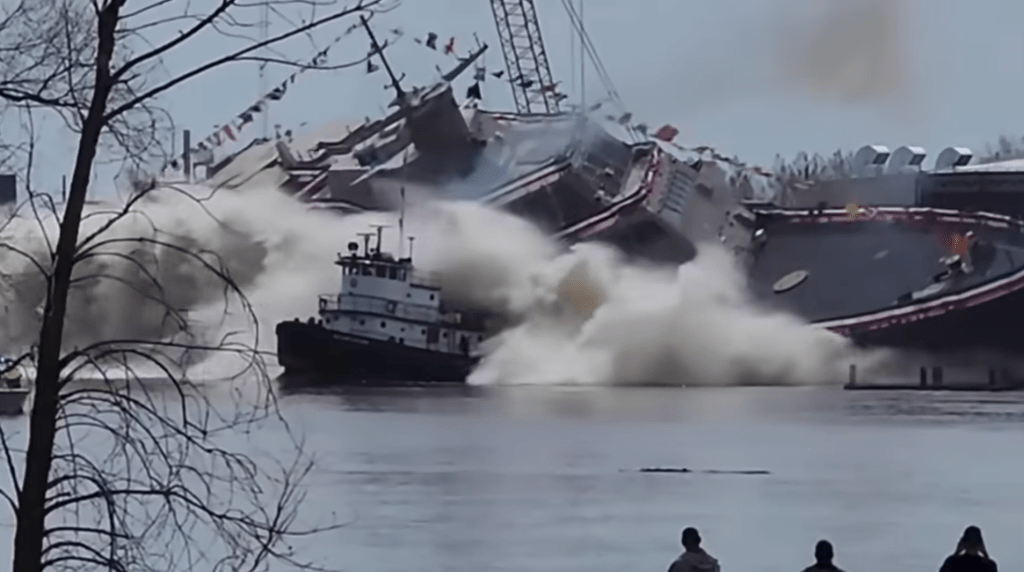 Future LCS Cleveland launches, strikes tugboat