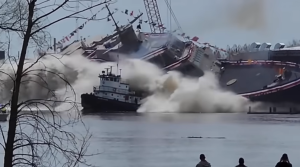 Future LCS Cleveland launches, strikes tugboat